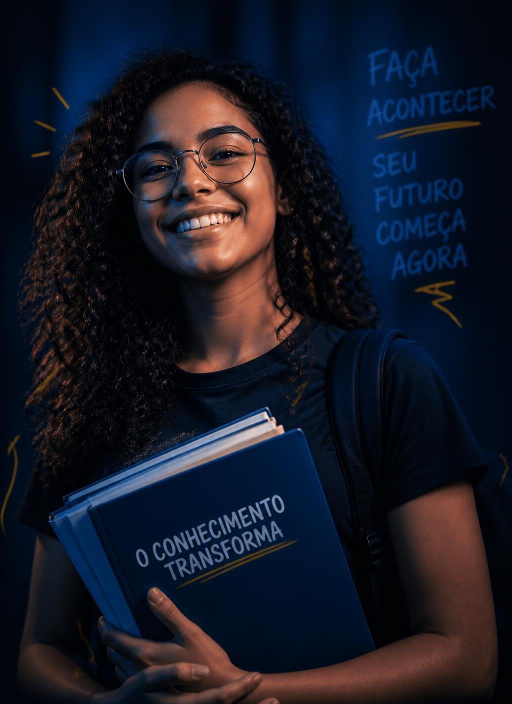 Estudante sorrindo com livros na reta final do ENEM 2026